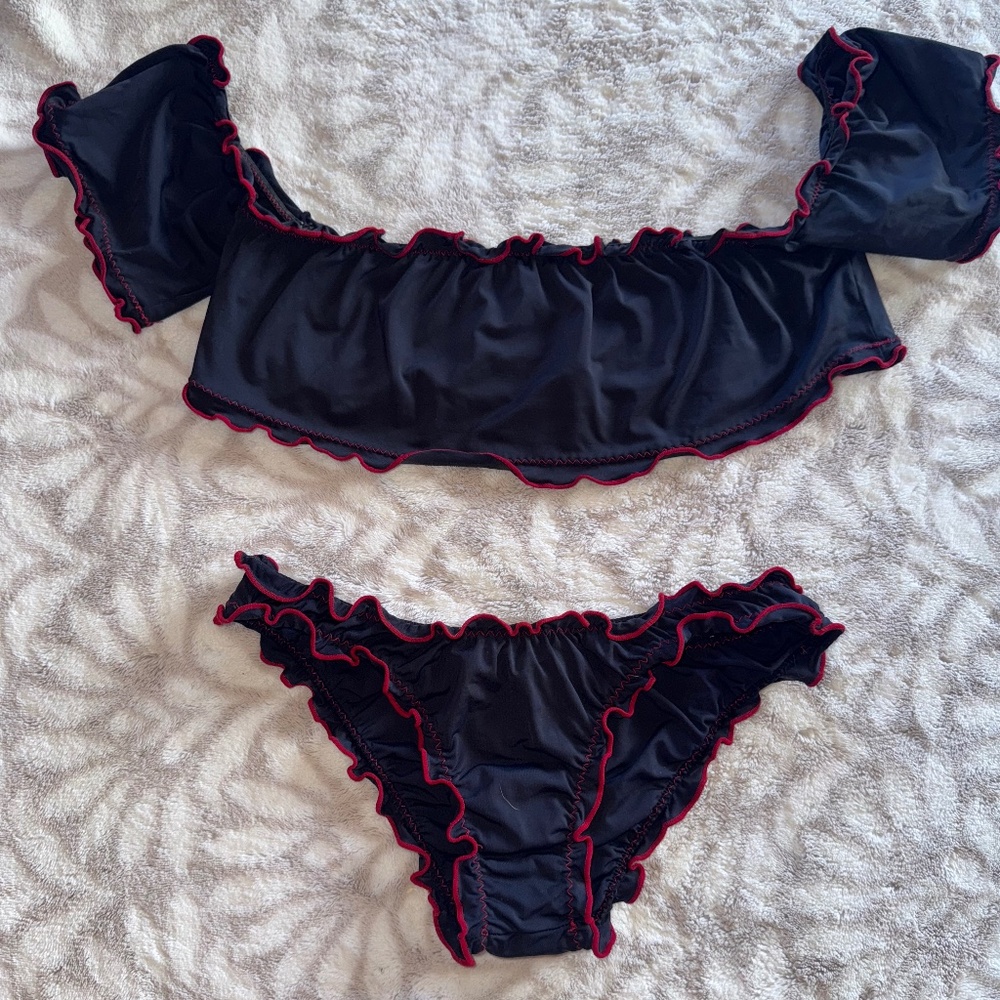 Ruffled Black and Red Bikini Set